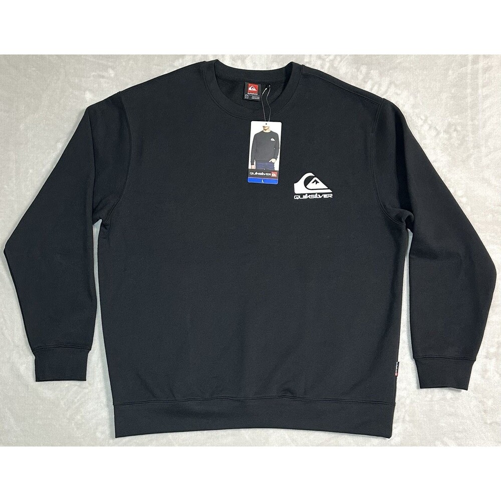 NWT Quiksilver Men's L Black Logo Crew Neck Fleece Sweatshirt Pullover Sweater